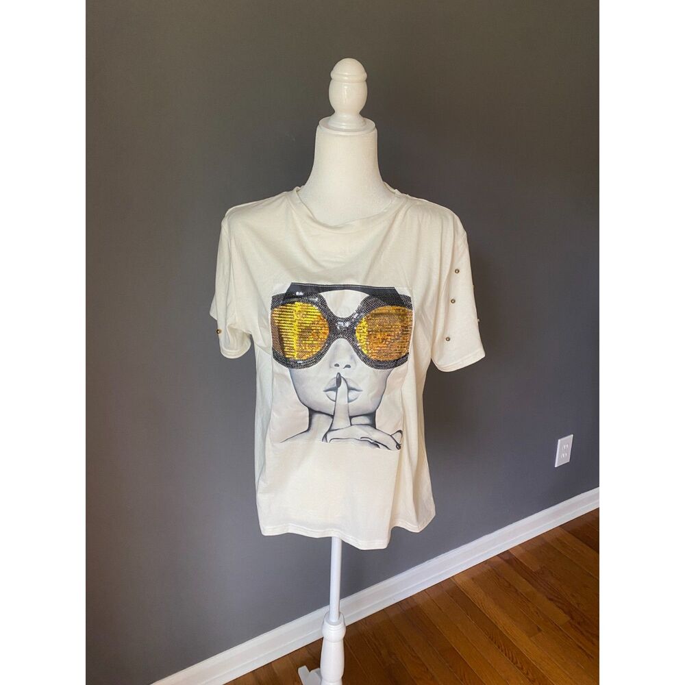 Pesion Womens White Short Sleeve Graphic Sequin T-Shirt Size XL